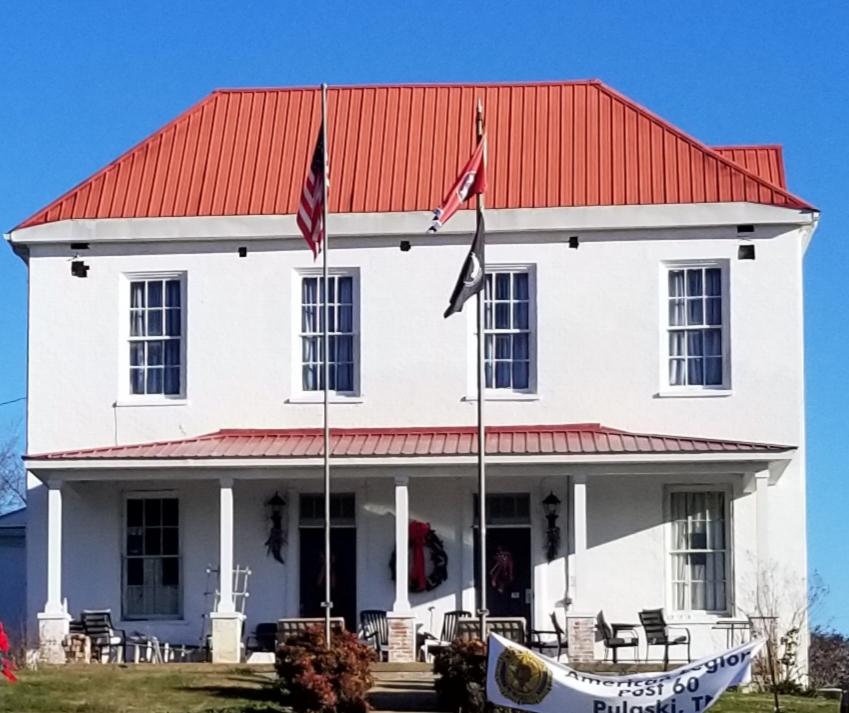 American Legion building in Pulaski TN - white building with red roof